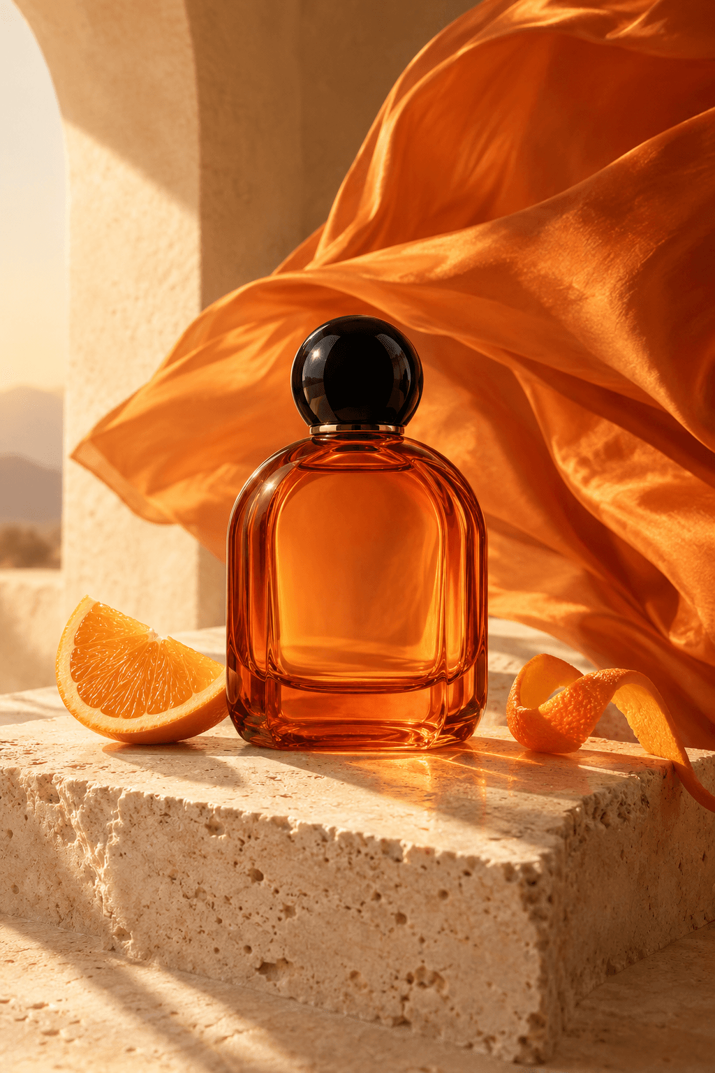 An orange glass perfume bottle on travertine, lit by sunlight against flowing orange silk