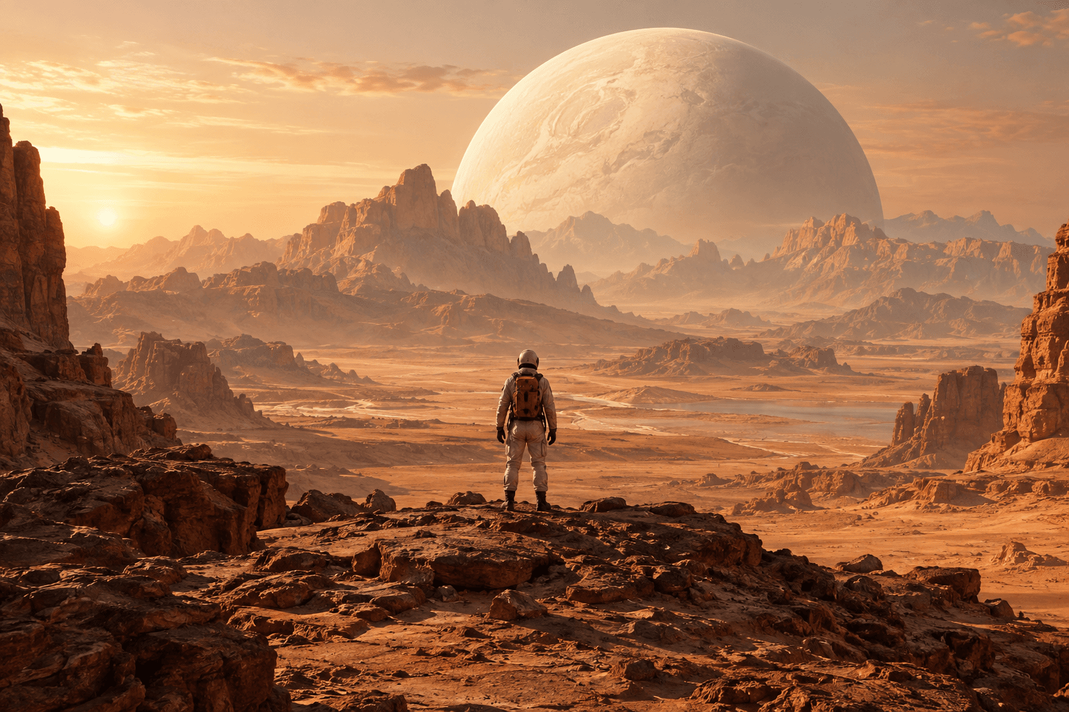 A lone explorer in a terracotta desert beneath a giant pale planet