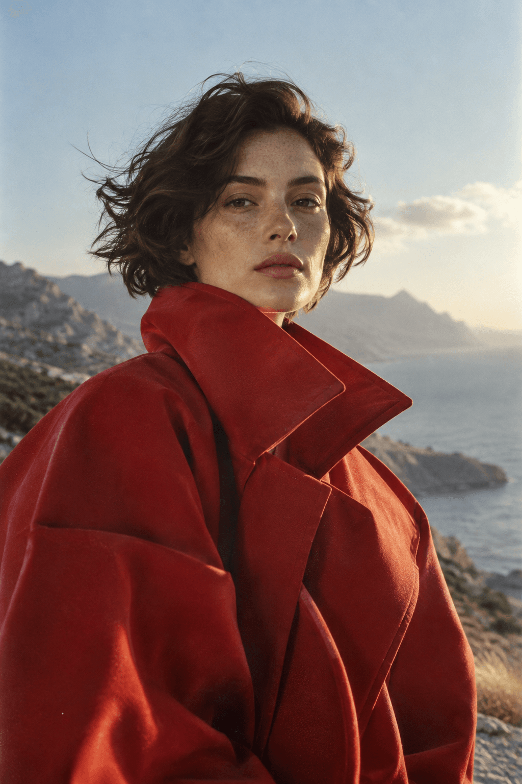 An editorial portrait of a woman in a sculptural red jacket by a sunlit coastline